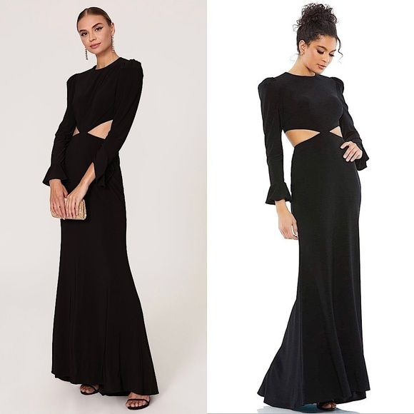 MAC DUGGAL Puffed Shoulder Long Bell Sleeve Side Cutout Open Back Maxi Gown 10 - Picture 1 of 10